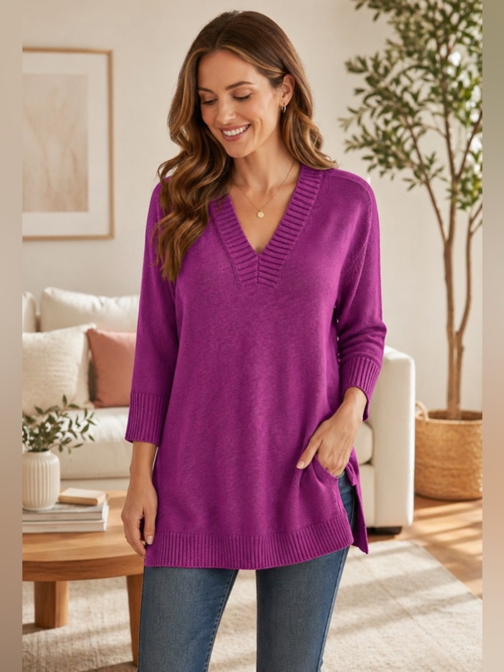 J Jill Large Purple V Neck Sweater 3/4 Sleeve w/side slits